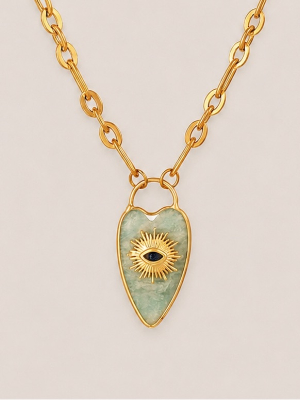 New! Green Aquamarine Natural Stone Evil Eye Gold Chain Necklace NWOT